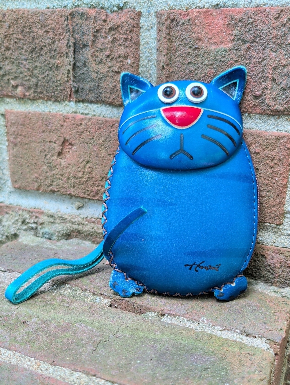 Handcrafted Genuine Leather Blue Cat Coin Purse Wallet with Wrist Strap - (854)